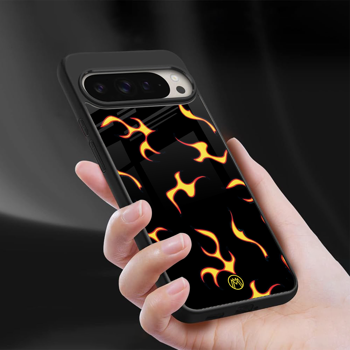 lil flames on black back phone cover | glass case for google pixel 9 pro xl