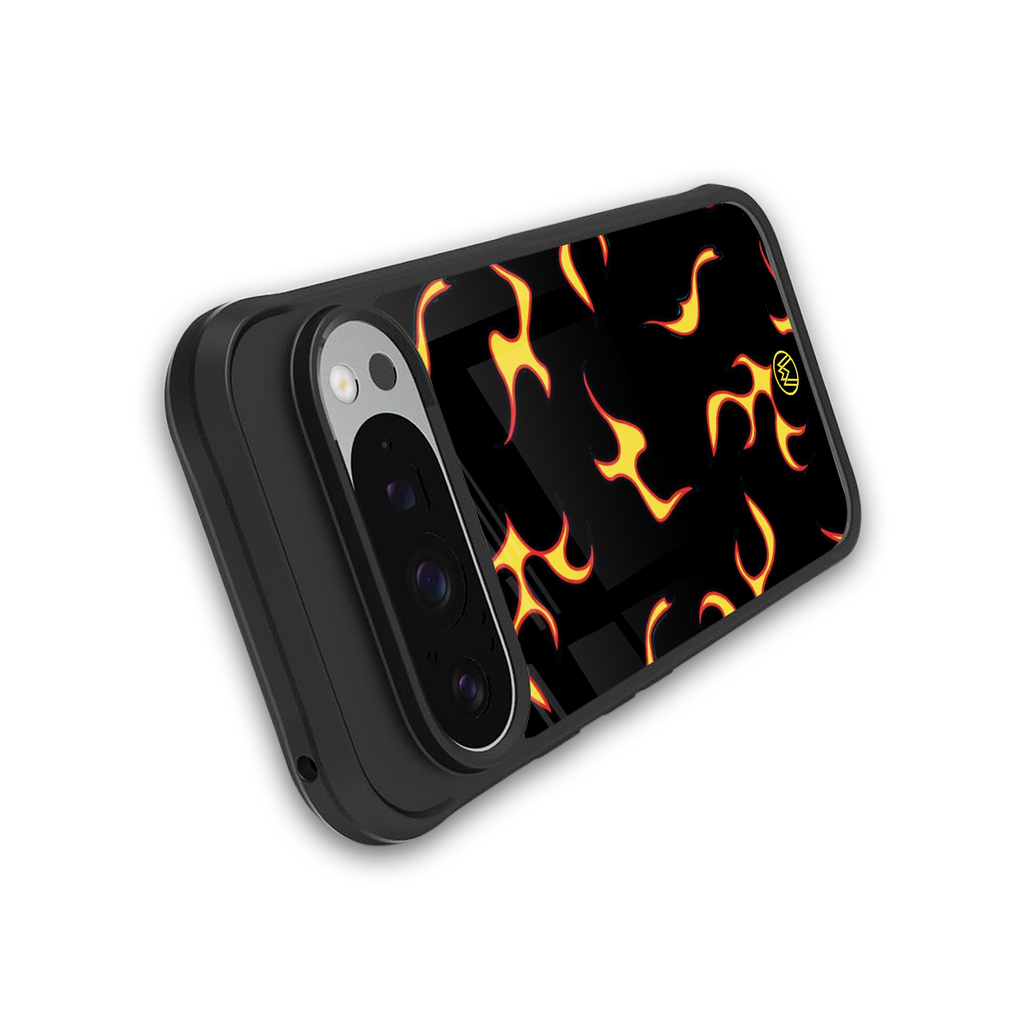 lil flames on black back phone cover | glass case for google pixel 9 pro xl