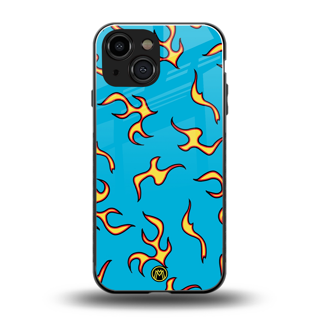 lil flames on blue back phone cover | glass case for iphone 13 mini