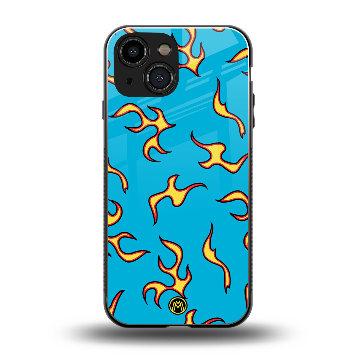 lil flames on blue back phone cover | glass case for iphone 13 mini