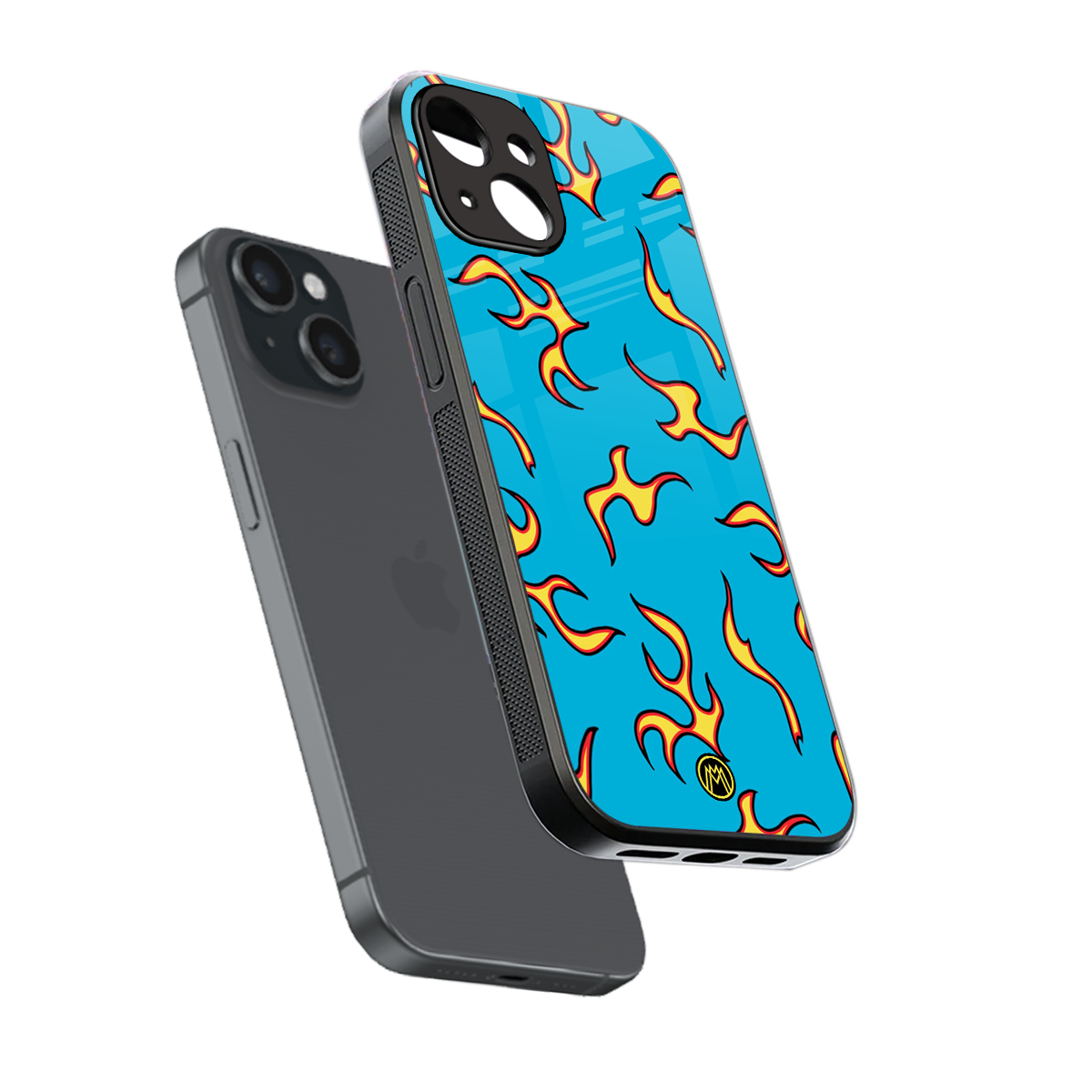 lil flames on blue back phone cover | glass case for iphone 13 mini