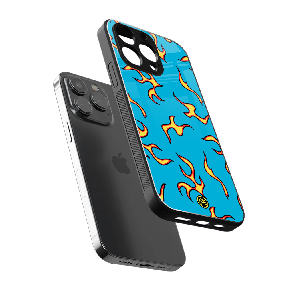 lil flames on blue back phone cover | glass case for iphone 13 pro max