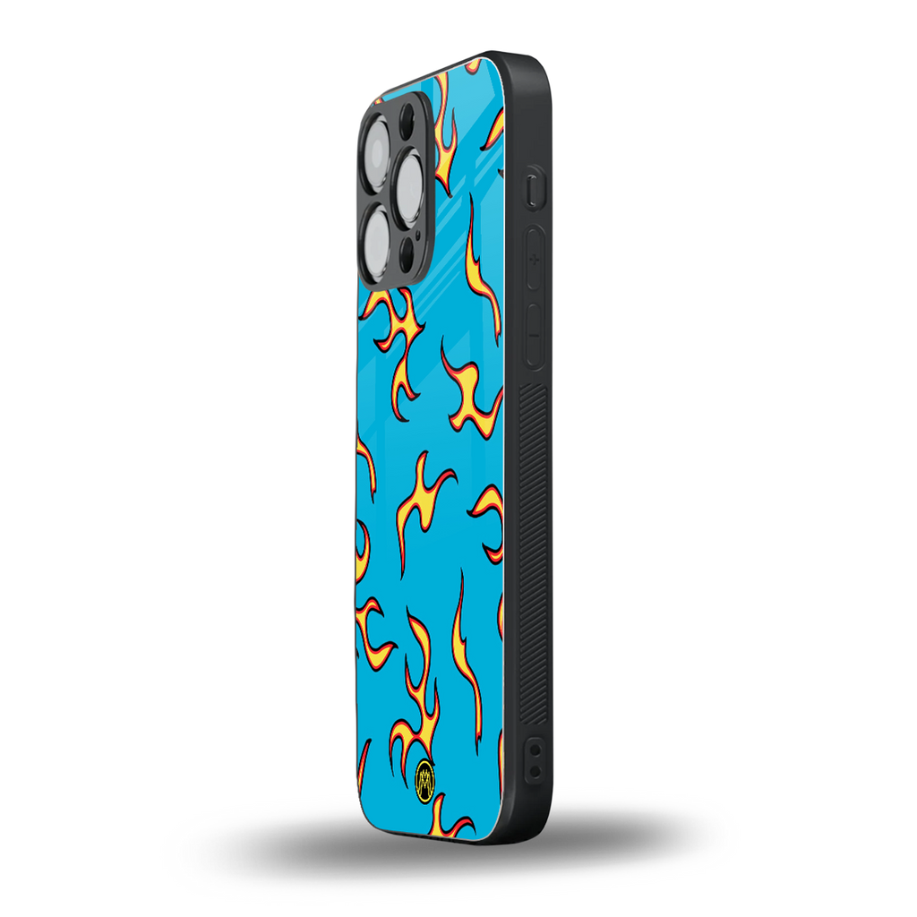 lil flames on blue back phone cover | glass case for iphone 13 pro max