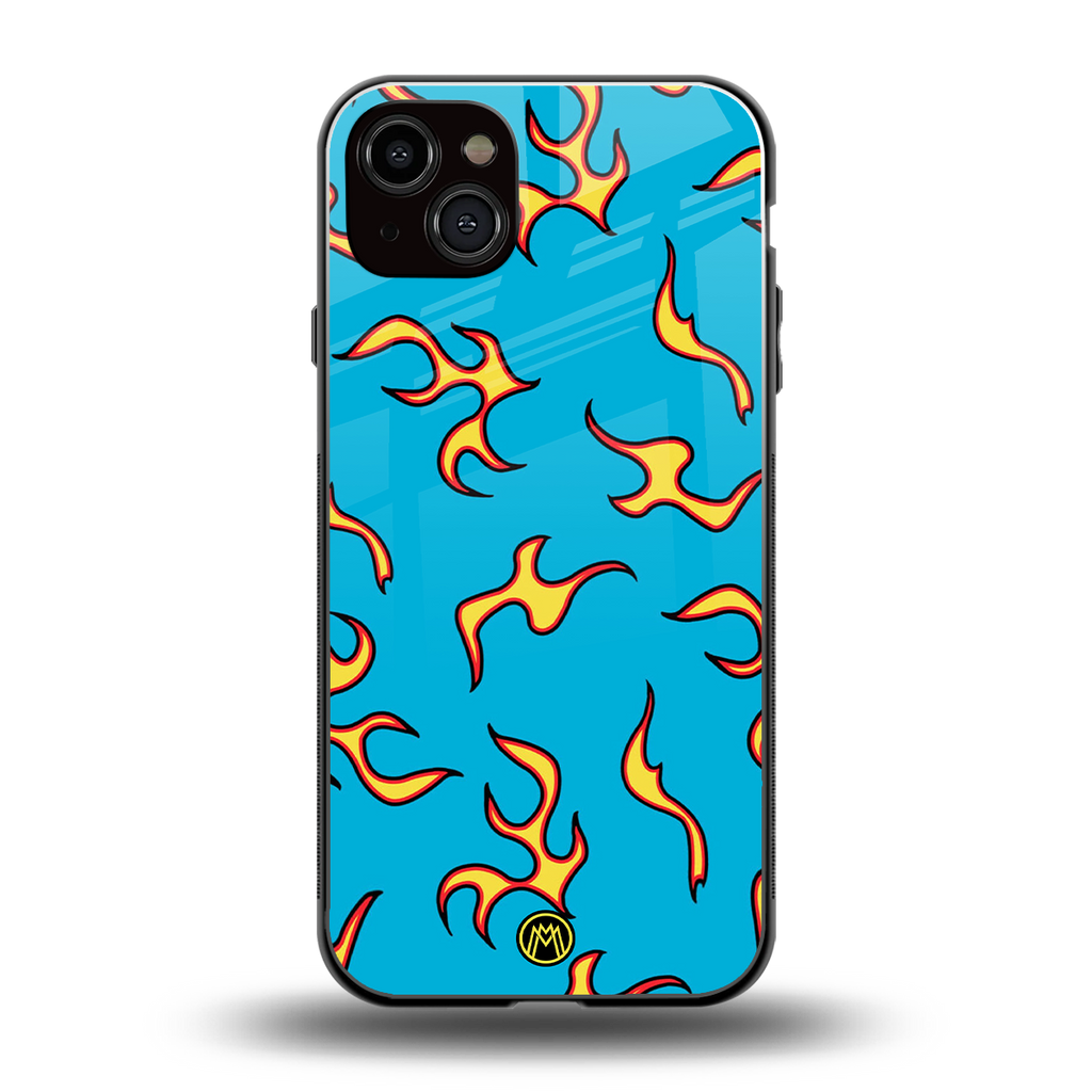 lil flames on blue back phone cover | glass case for iphone 14 plus
