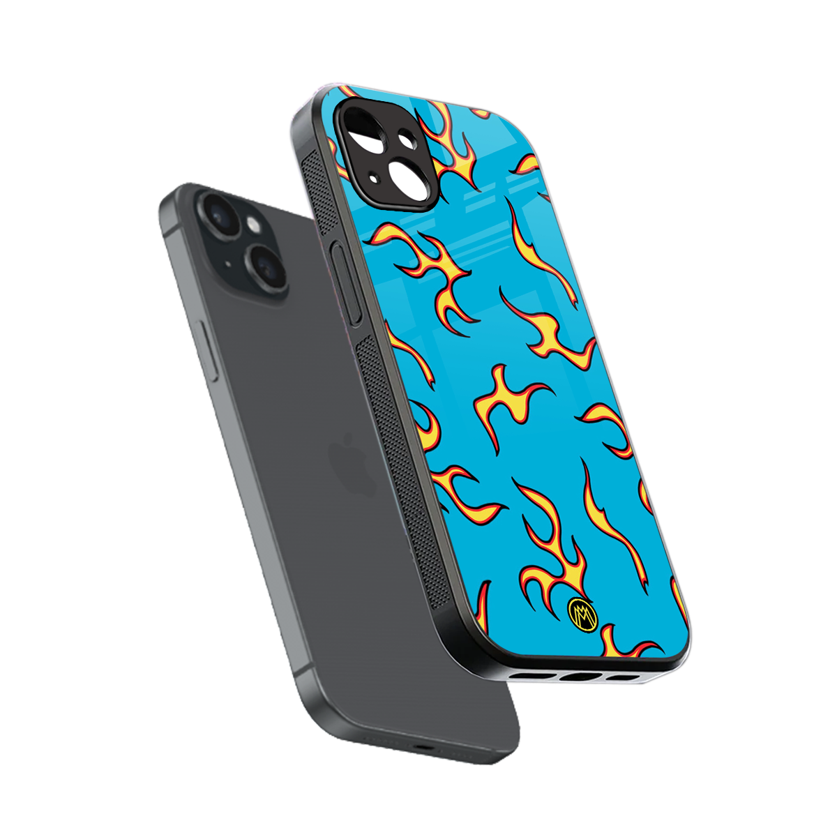 lil flames on blue back phone cover | glass case for iphone 14 plus