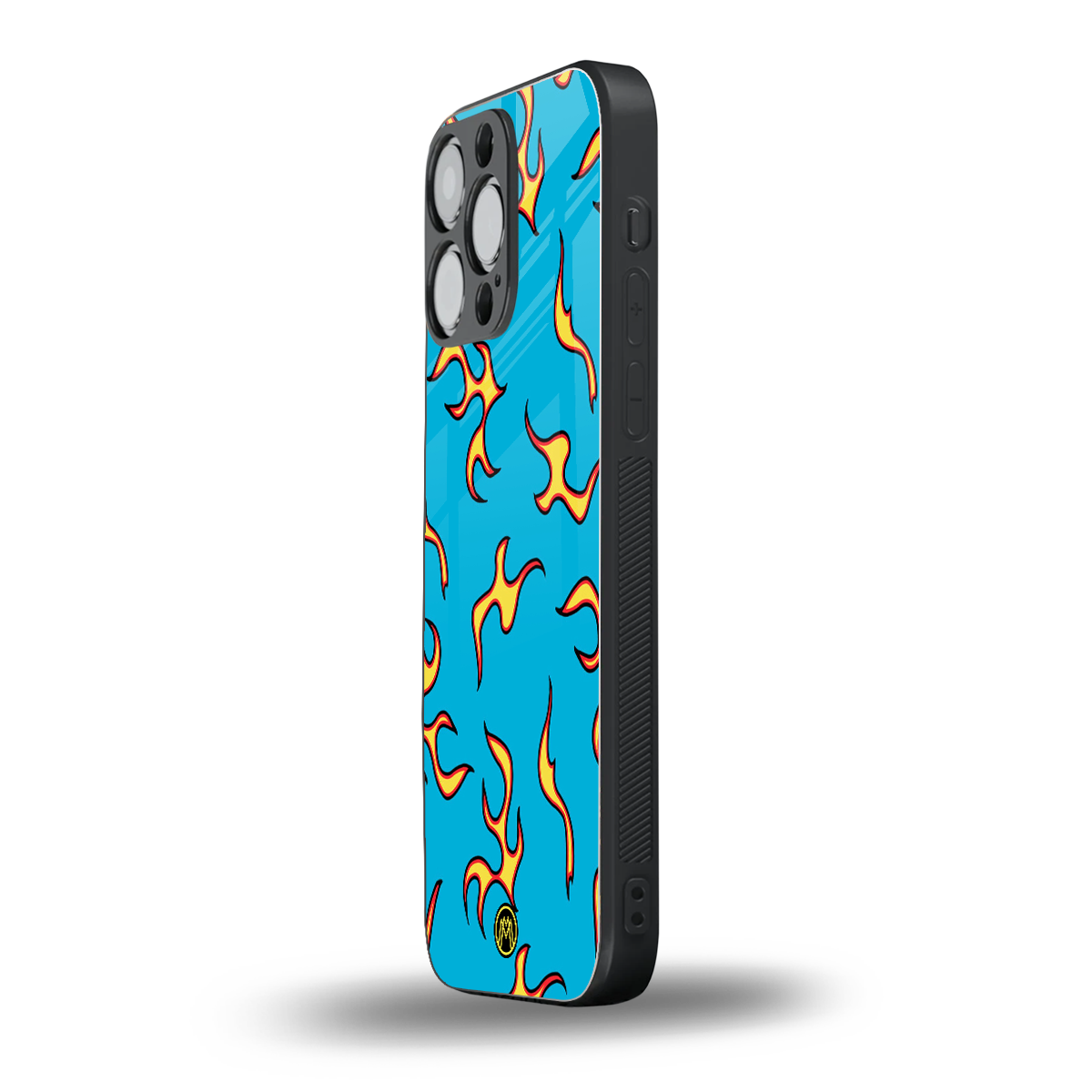 lil flames on blue back phone cover | glass case for iphone 14 pro max
