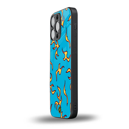 lil flames on blue back phone cover | glass case for iphone 14 pro max
