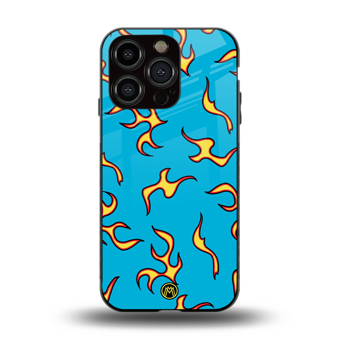 lil flames on blue back phone cover | glass case for iphone 15 pro