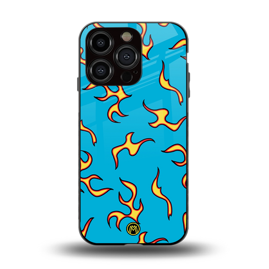 lil flames on blue back phone cover | glass case for iphone 14 pro