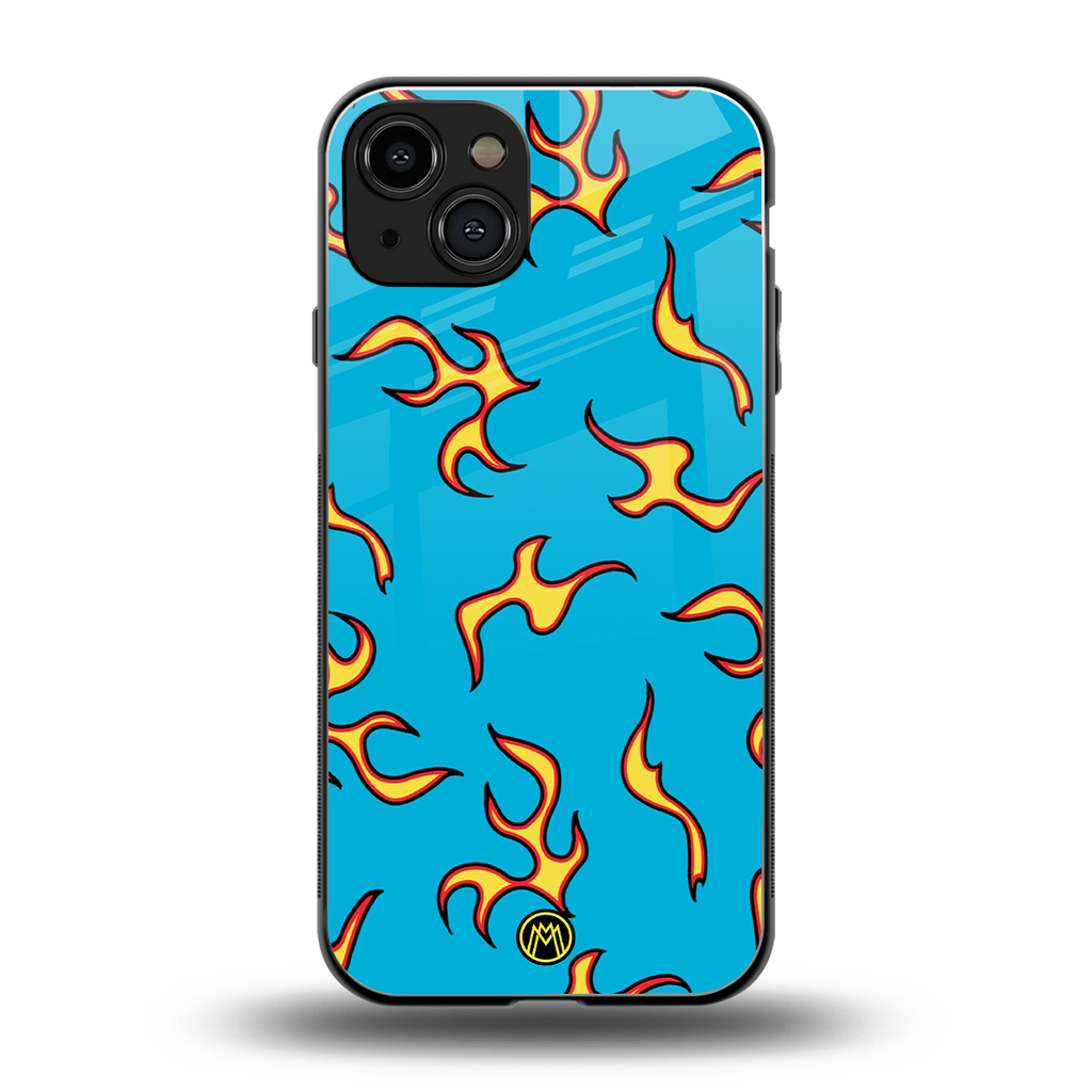 lil flames on blue back phone cover | glass case for iphone 15