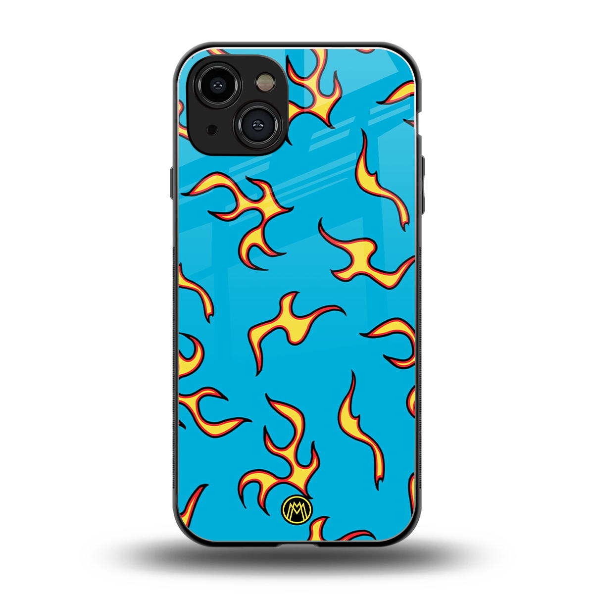 lil flames on blue back phone cover | glass case for iphone 14