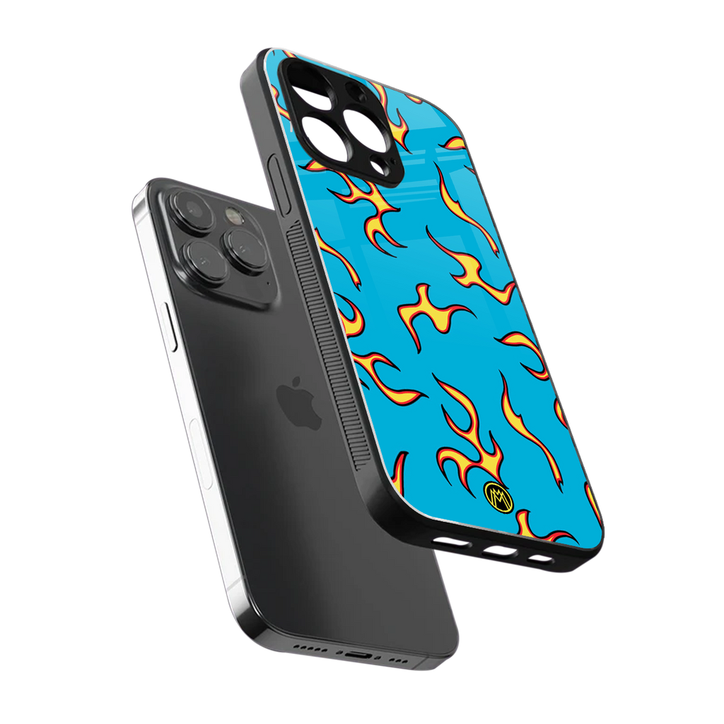 lil flames on blue back phone cover | glass case for iphone 15 pro