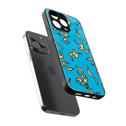 lil flames on blue back phone cover | glass case for iphone 14 pro