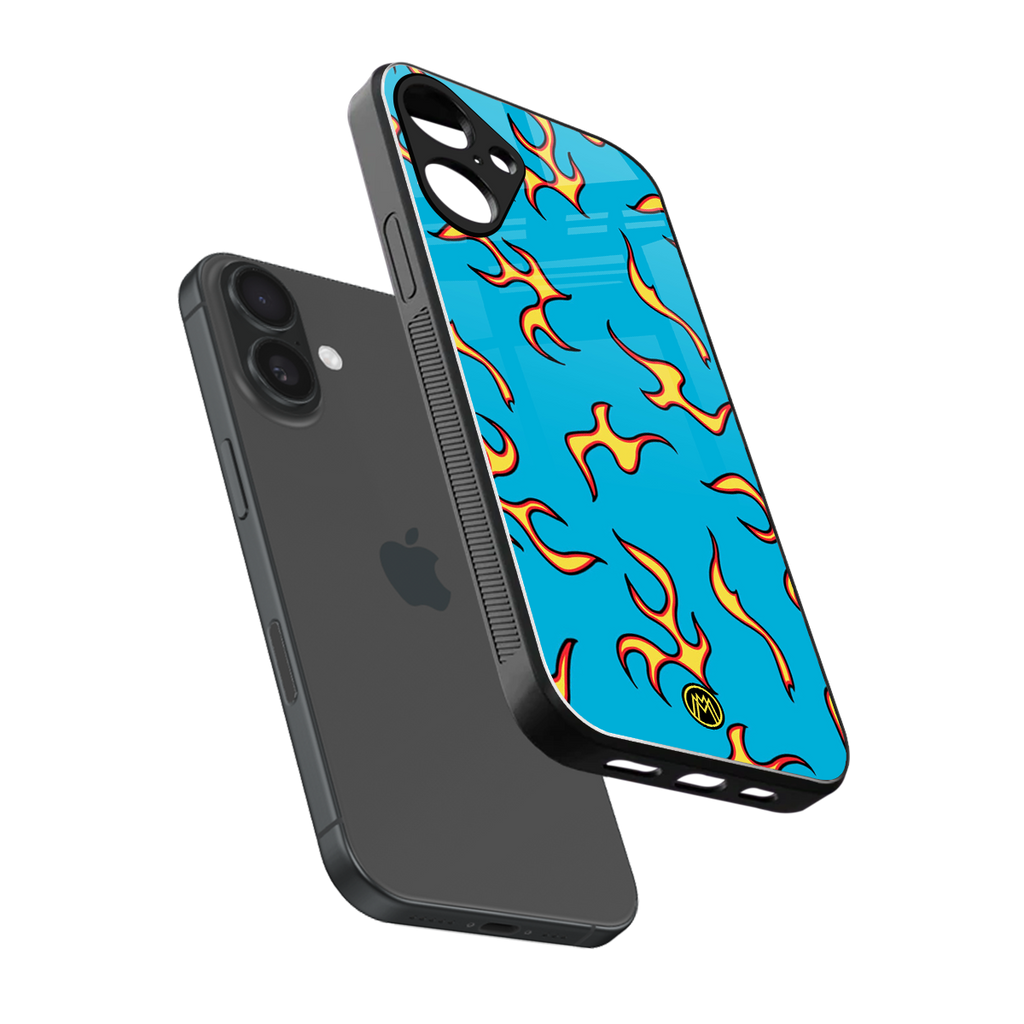 lil flames on blue back phone cover | glass case for iphone 16 plus