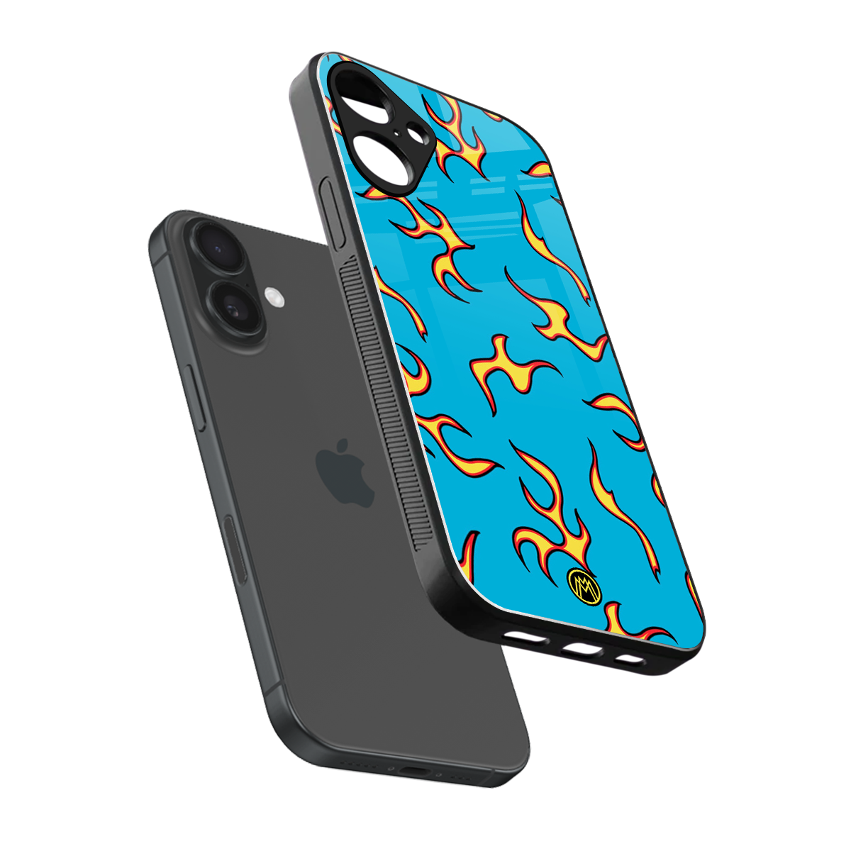 lil flames on blue back phone cover | glass case for iphone 16 plus