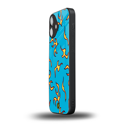 lil flames on blue back phone cover | glass case for iphone 16 plus