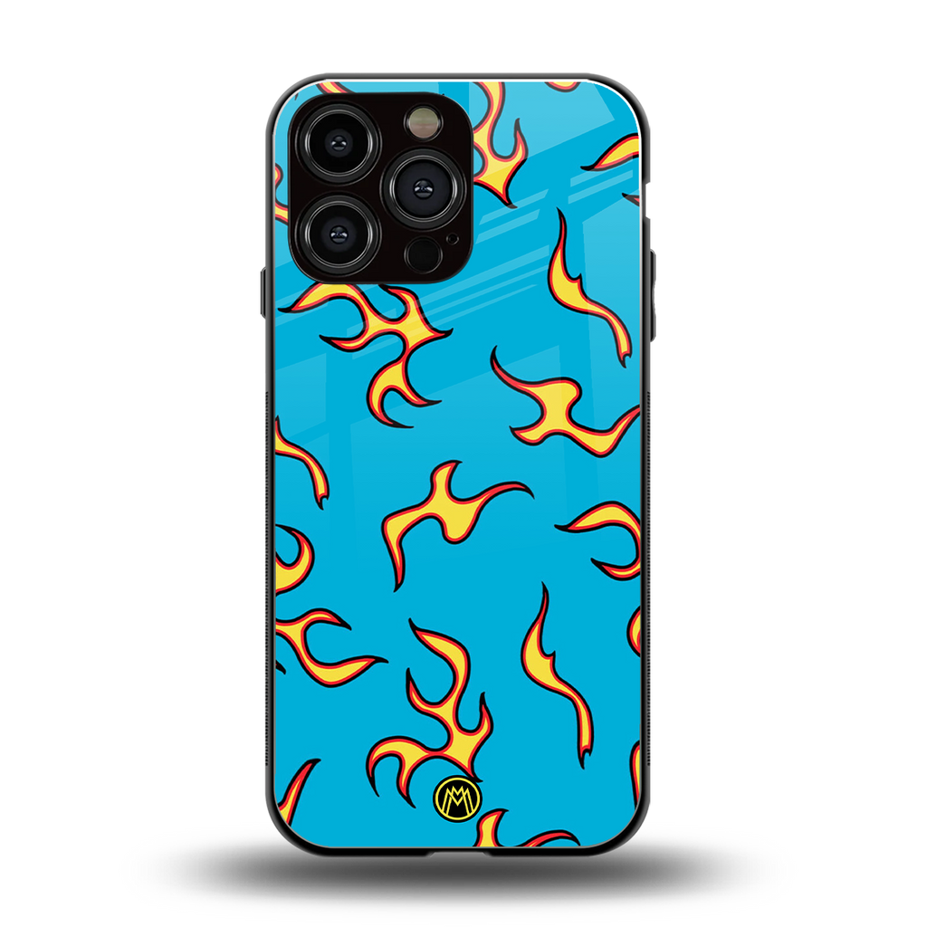 lil flames on blue back phone cover | glass case for iphone 16 pro max