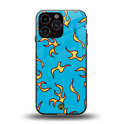 lil flames on blue back phone cover | glass case for iphone 16 pro max