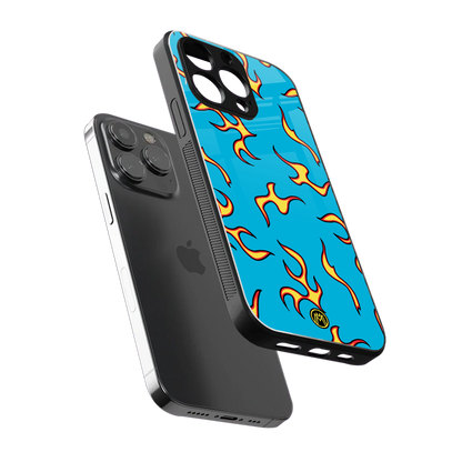 lil flames on blue back phone cover | glass case for iphone 16 pro max