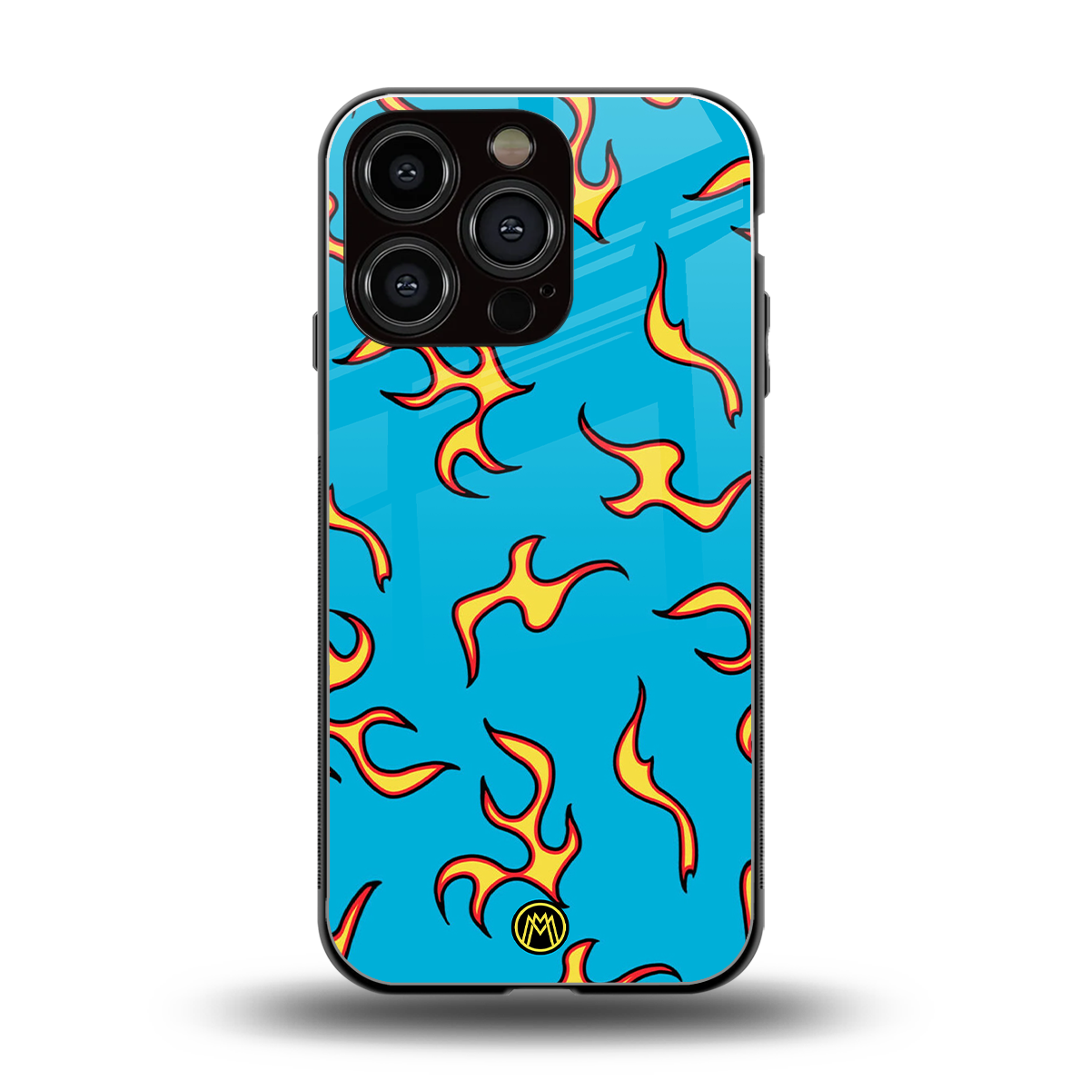 lil flames on blue back phone cover | glass case for iphone 16 pro