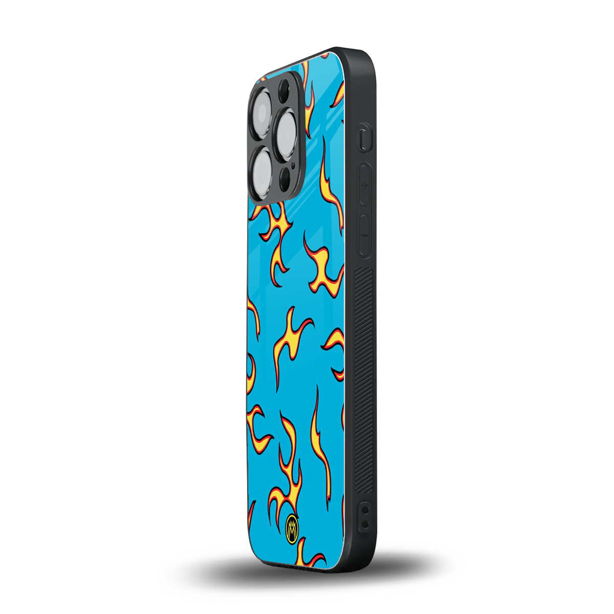 lil flames on blue back phone cover | glass case for iphone 16 pro