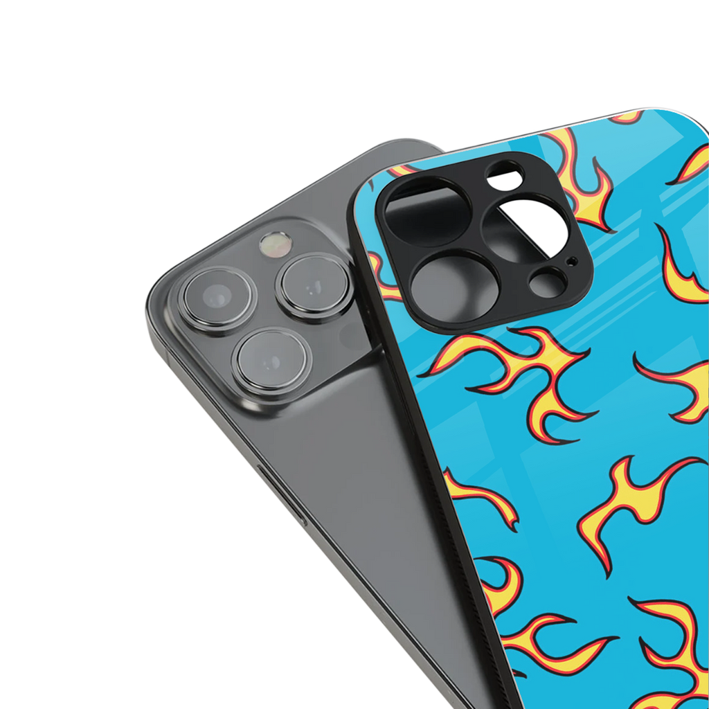lil flames on blue back phone cover | glass case for iphone 15 pro