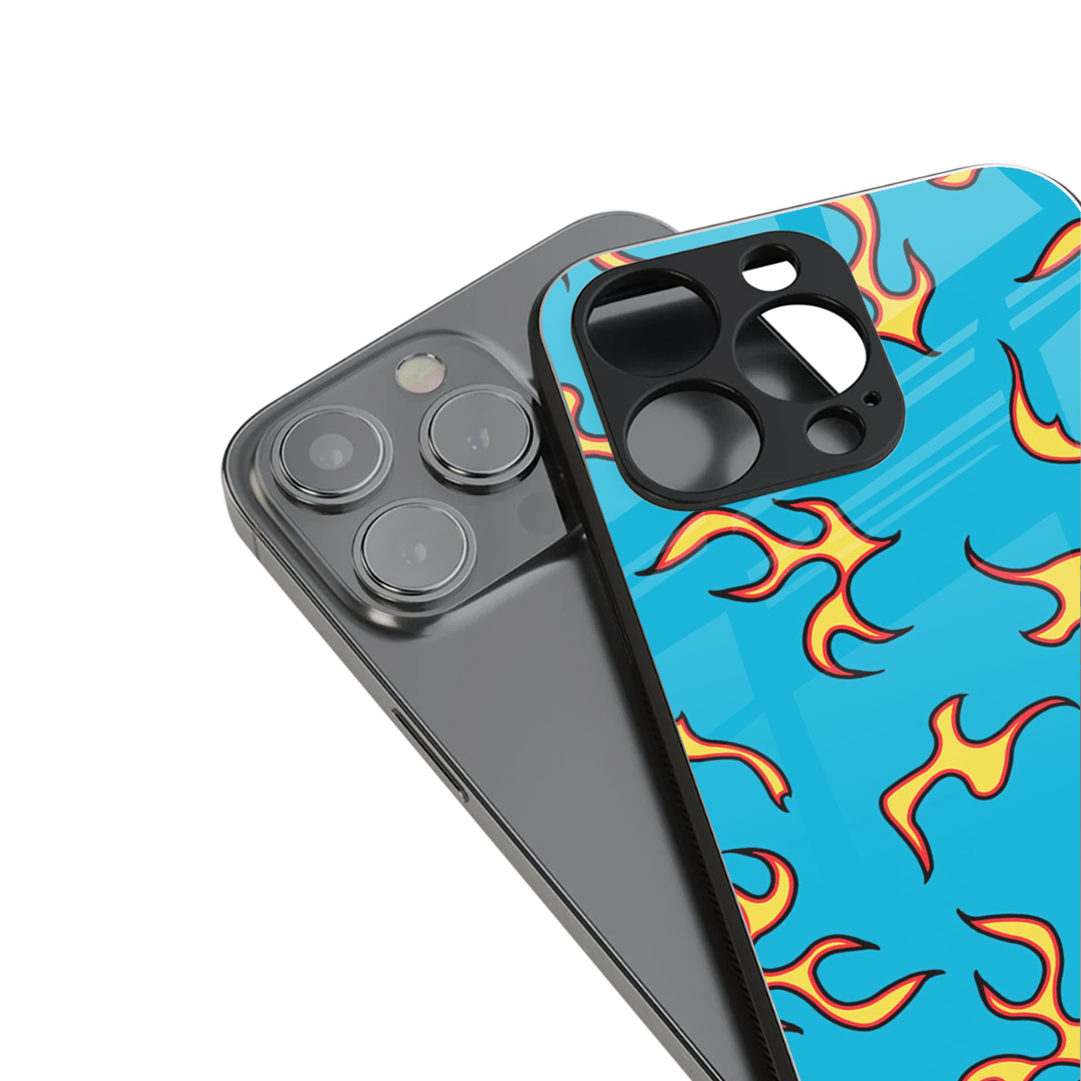 lil flames on blue back phone cover | glass case for iphone 16 pro max