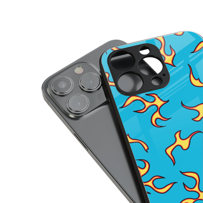 lil flames on blue back phone cover | glass case for iphone 16 pro max
