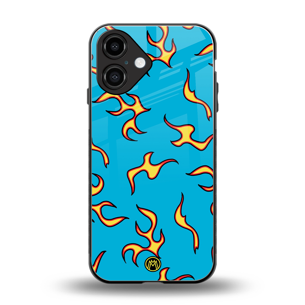 lil flames on blue back phone cover | glass case for iphone 16