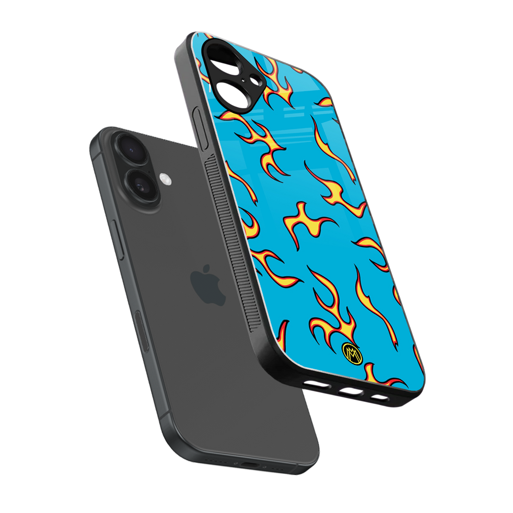 lil flames on blue back phone cover | glass case for iphone 16