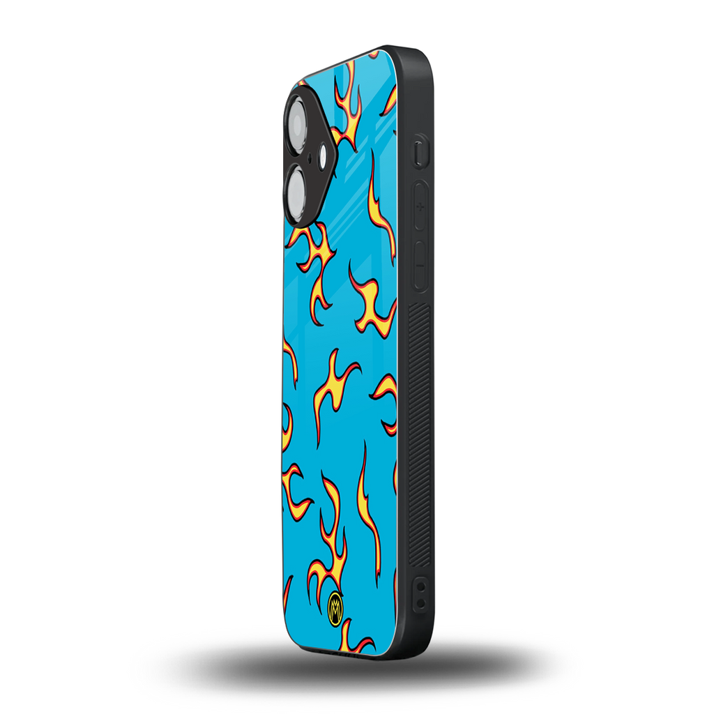 lil flames on blue back phone cover | glass case for iphone 16