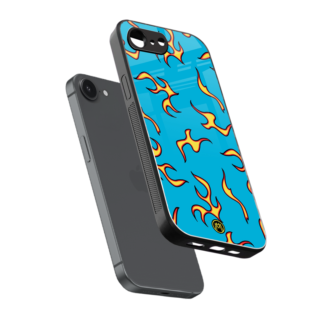 lil flames on blue back phone cover | glass case for iphone 16e
