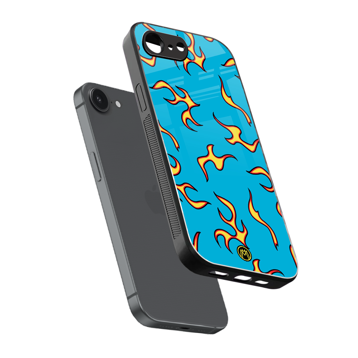lil flames on blue back phone cover | glass case for iphone 16e