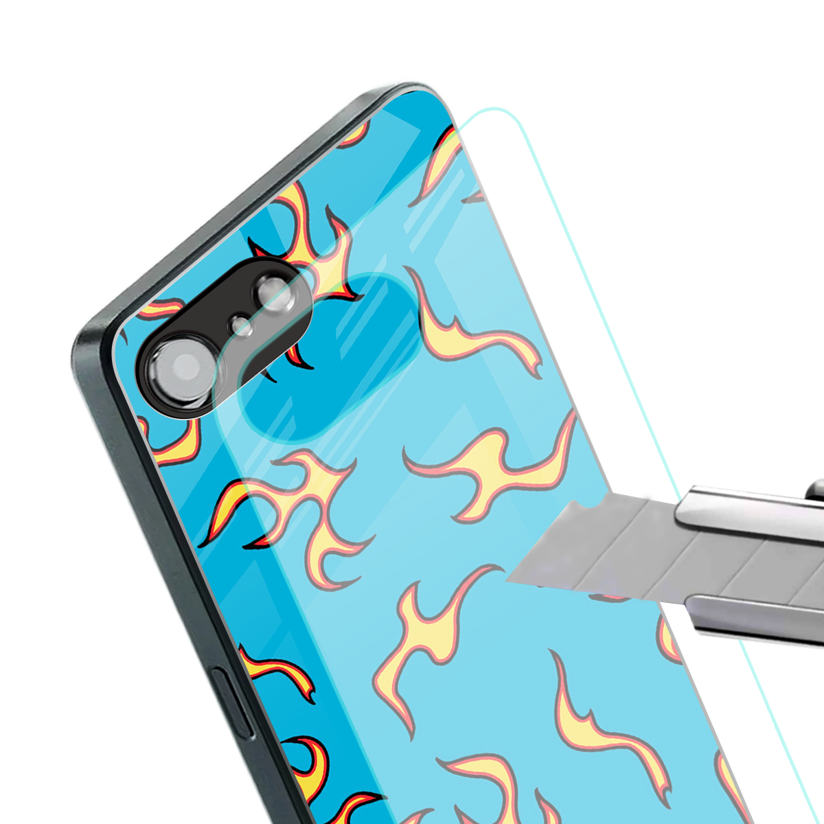lil flames on blue back phone cover | glass case for iphone 16e