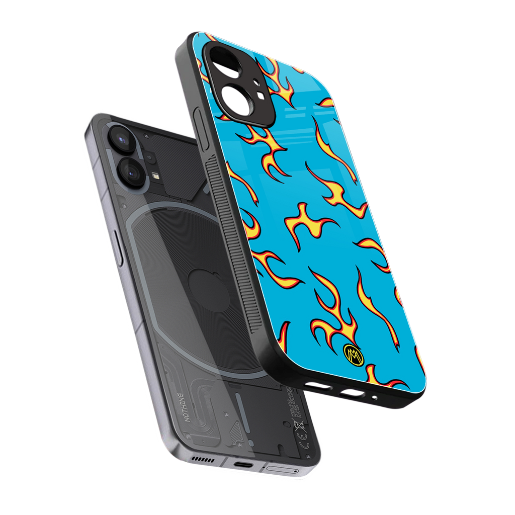lil flames on blue back phone cover | glass case for nothing phone 1