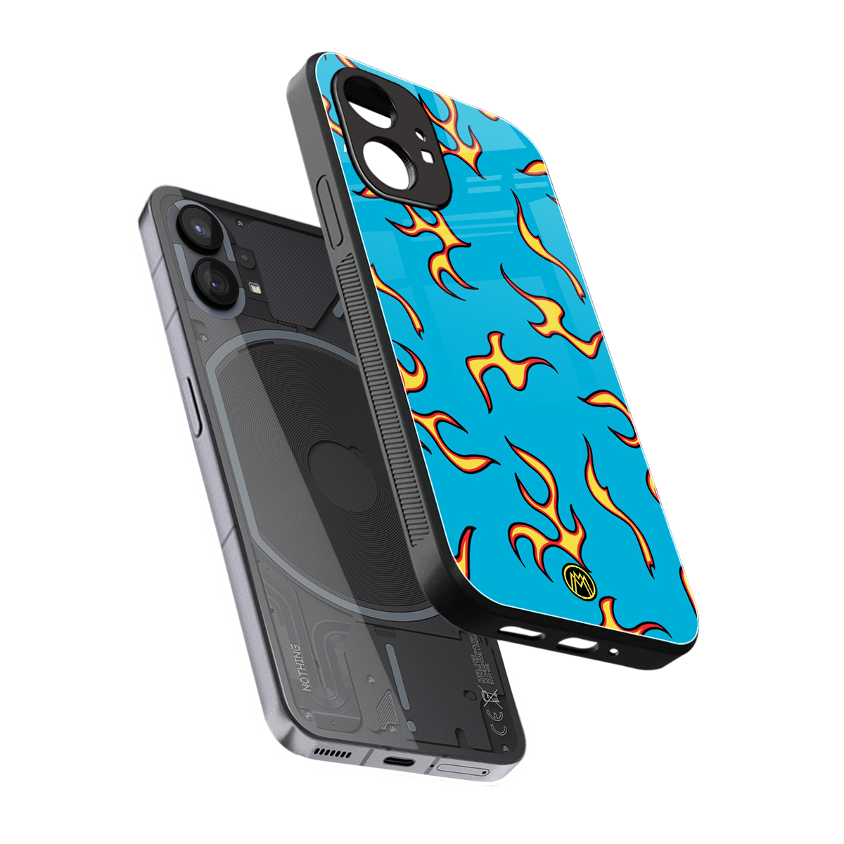 lil flames on blue back phone cover | glass case for nothing phone 1