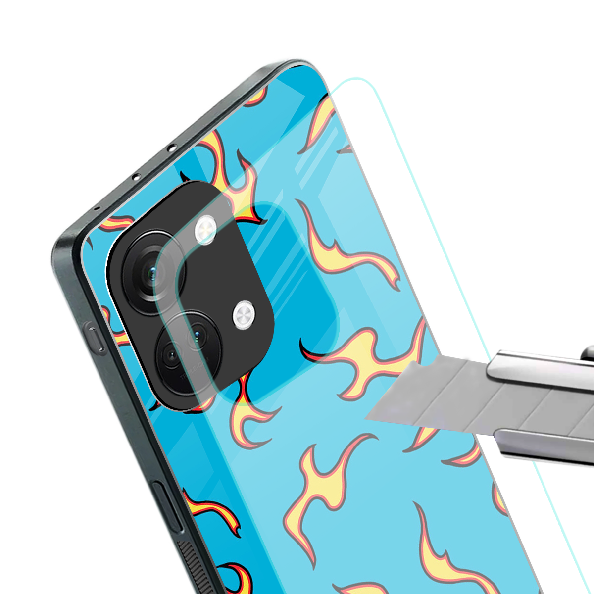lil flames on blue back phone cover | glass case for oneplus nord 3