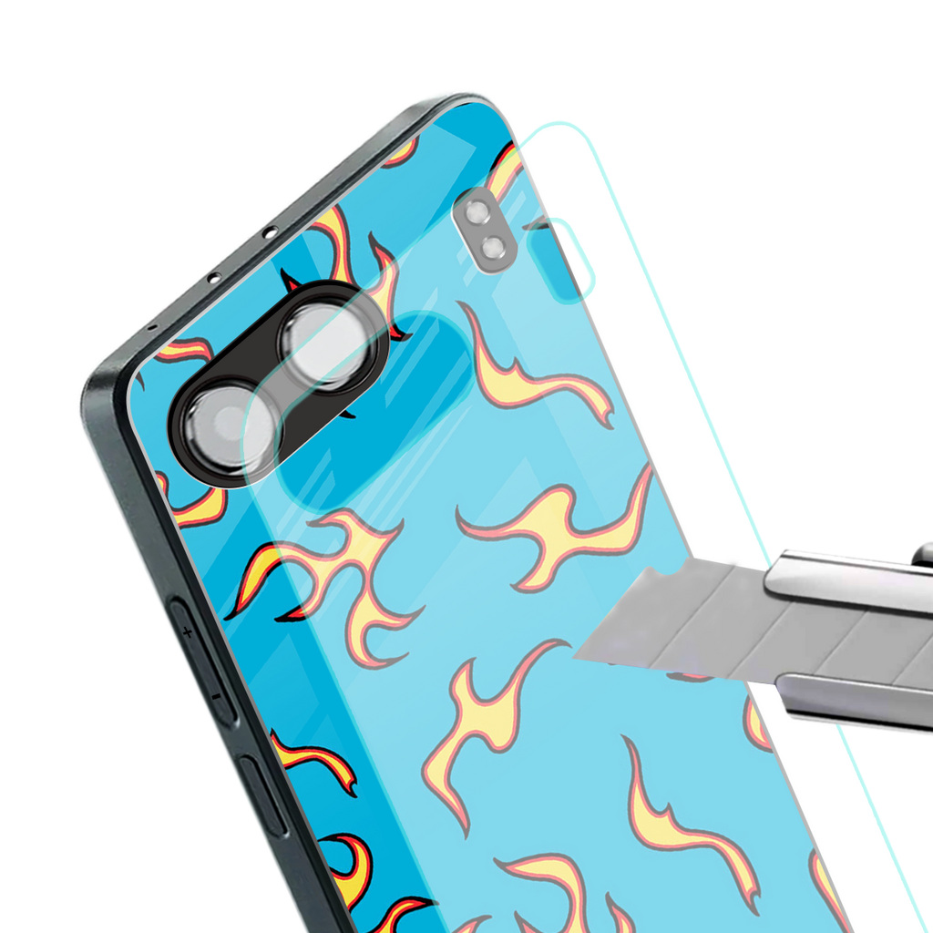 lil flames on blue back phone cover | glass case for oneplus nord 4