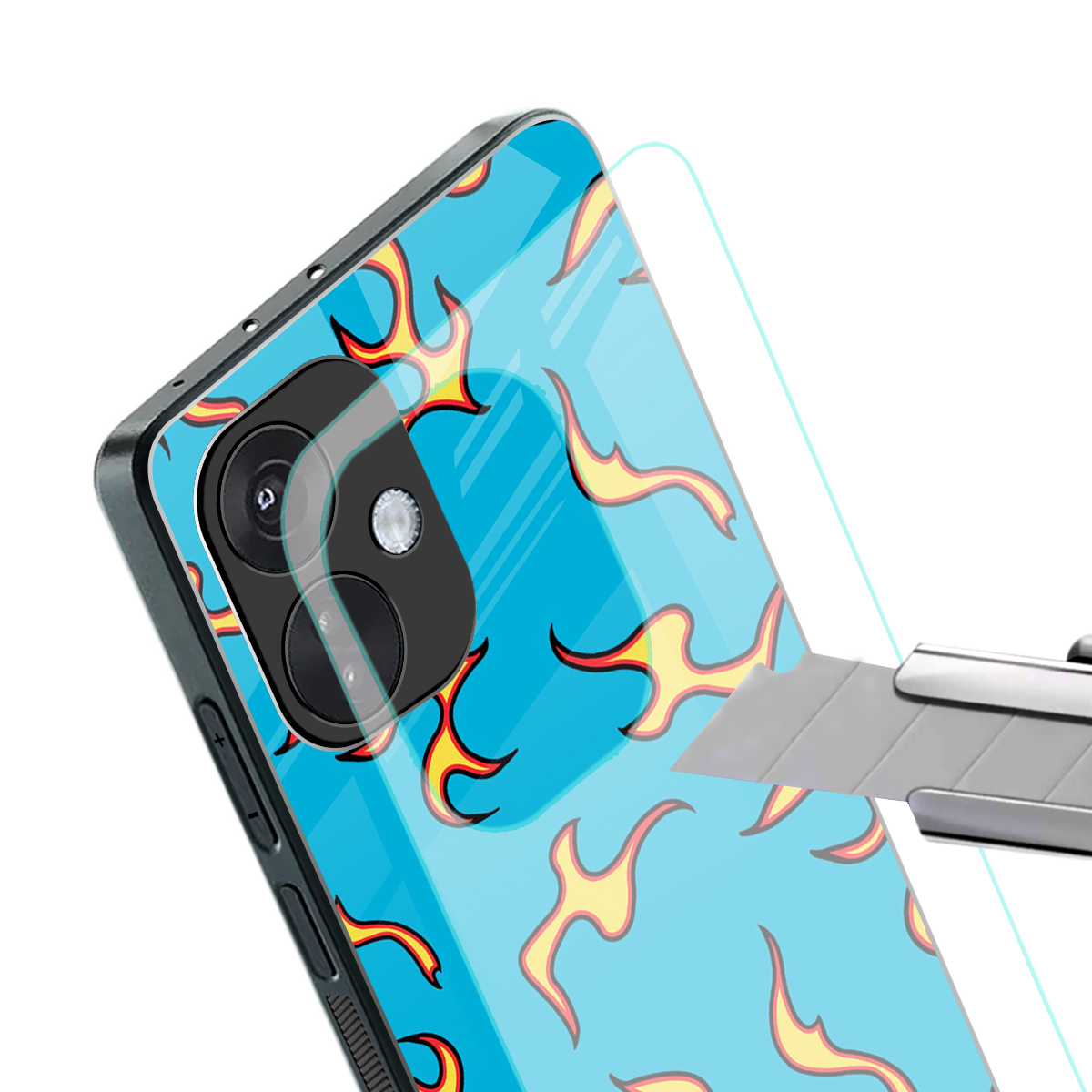 lil flames on blue back phone cover | glass case for oneplus nord ce 3