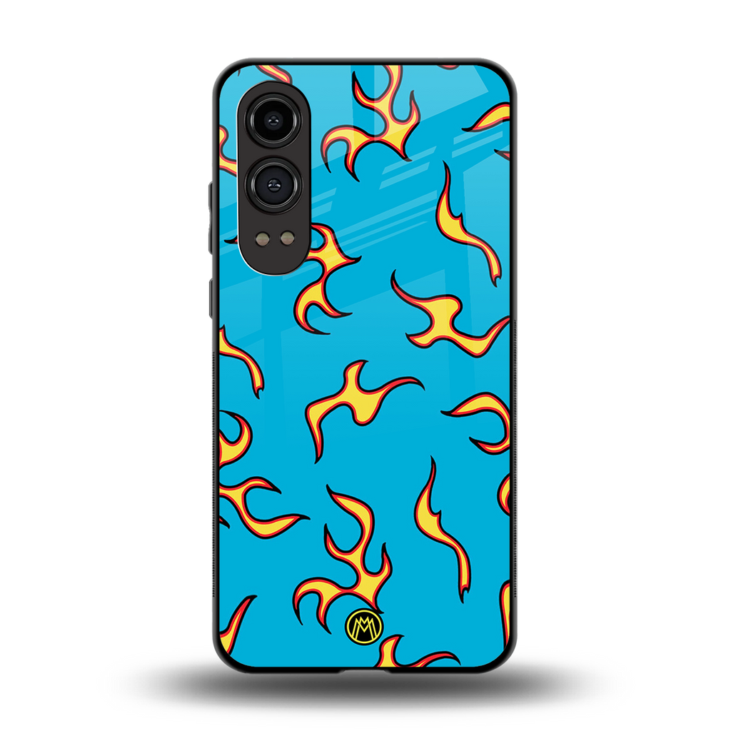 lil flames on blue back phone cover | glass case for oneplus nord ce 4 lite