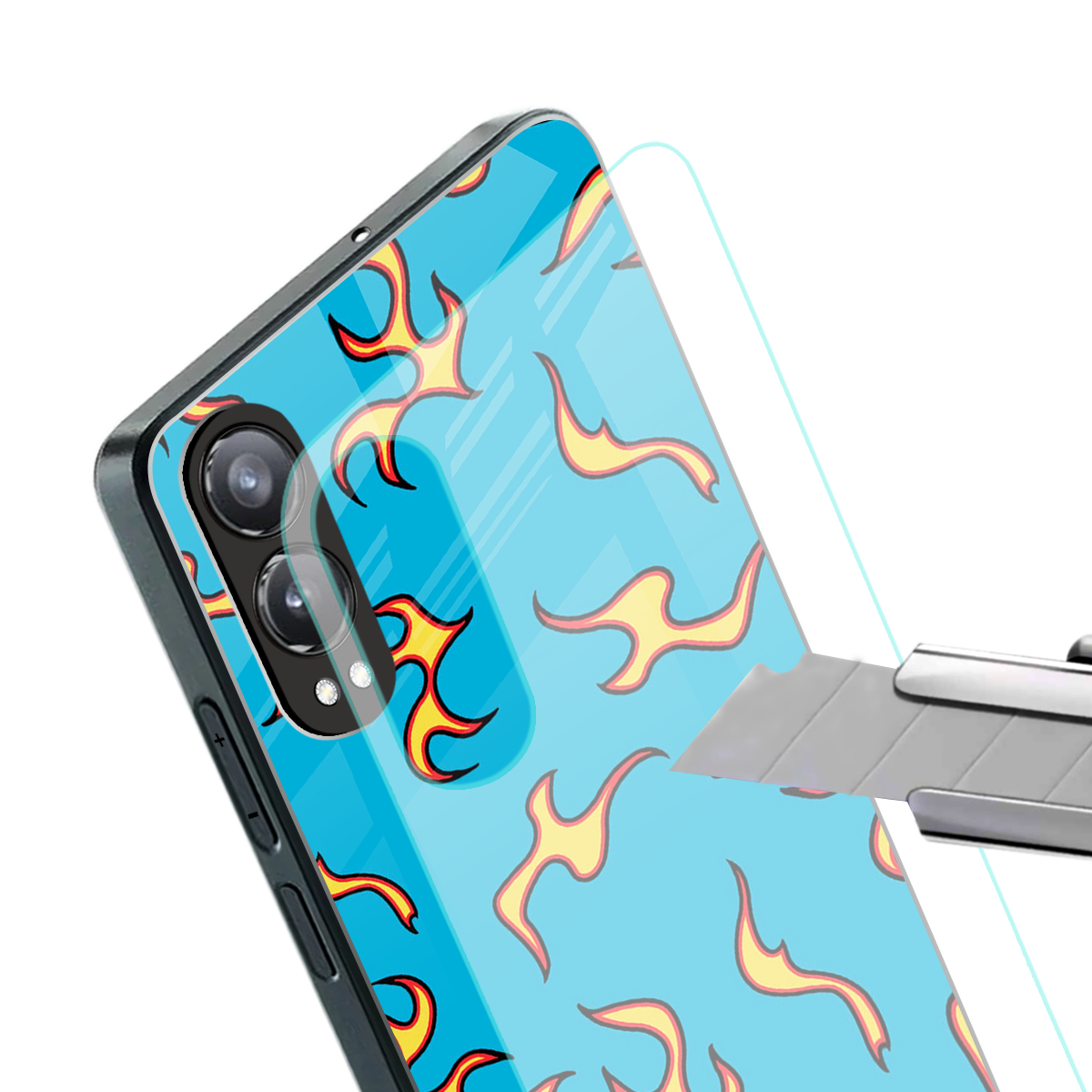lil flames on blue back phone cover | glass case for oneplus nord ce 4 lite