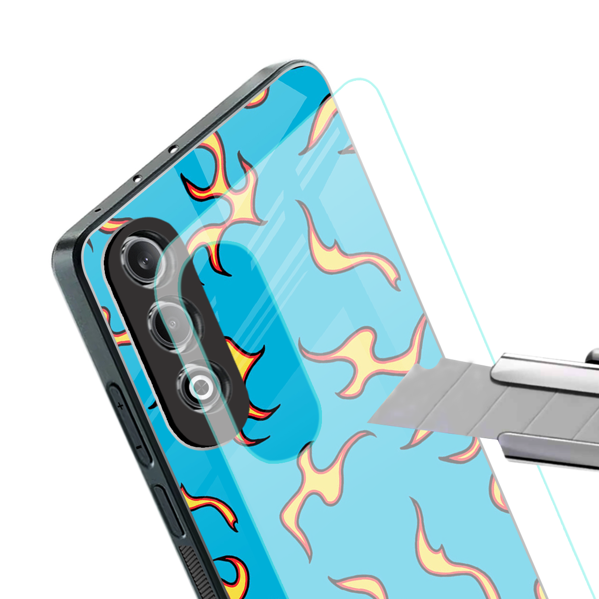 lil flames on blue back phone cover | glass case for oneplus nord ce 4