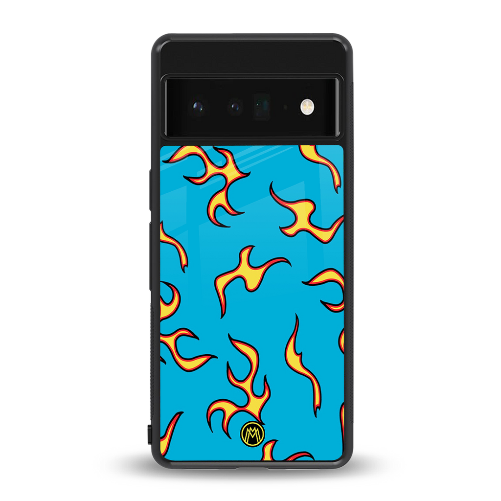 lil flames on blue back phone cover | glass case for google pixel 6 pro