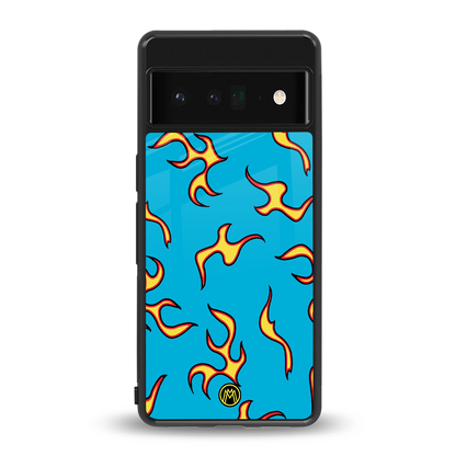 lil flames on blue back phone cover | glass case for google pixel 6 pro
