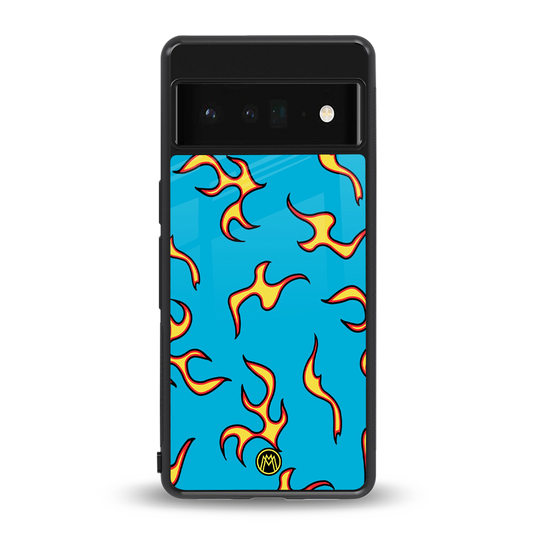 lil flames on blue back phone cover | glass case for google pixel 6 pro