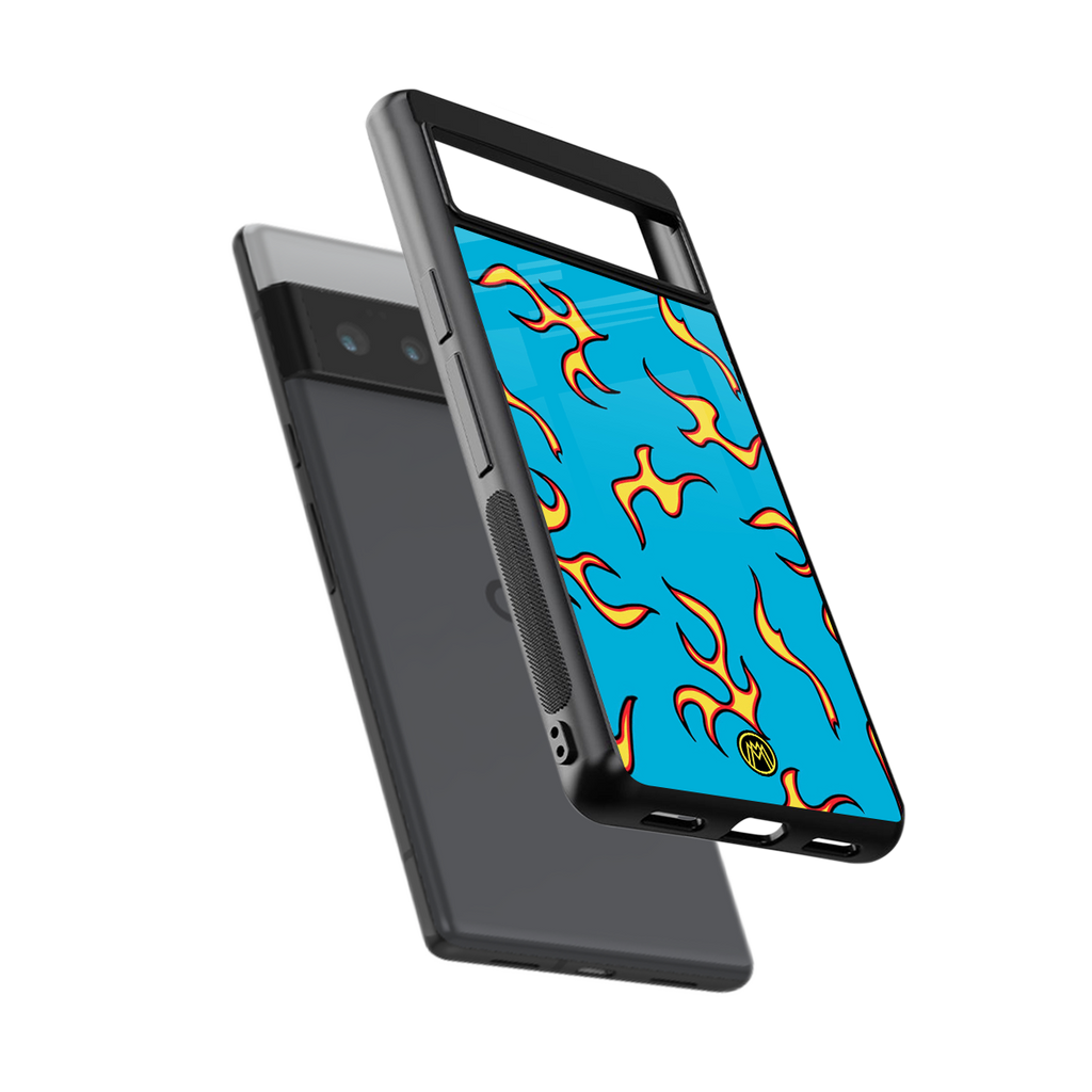 lil flames on blue back phone cover | glass case for google pixel 6 pro