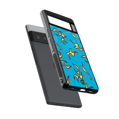 lil flames on blue back phone cover | glass case for google pixel 6 pro