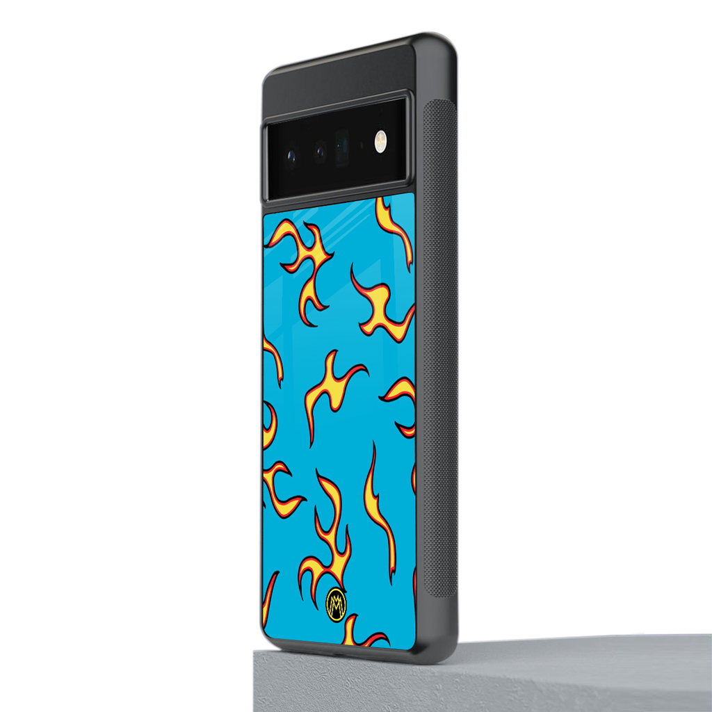 lil flames on blue back phone cover | glass case for google pixel 6 pro