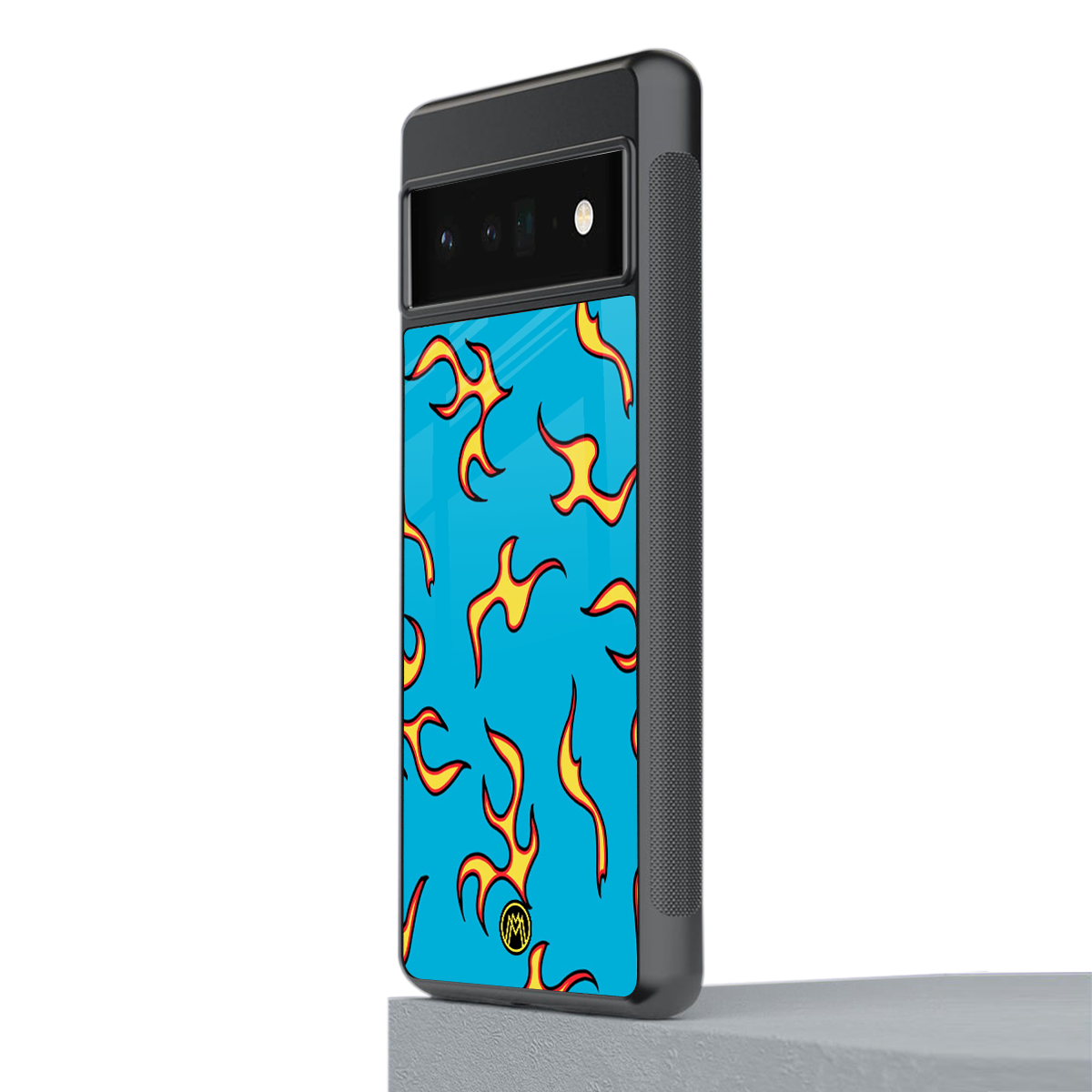 lil flames on blue back phone cover | glass case for google pixel 6 pro