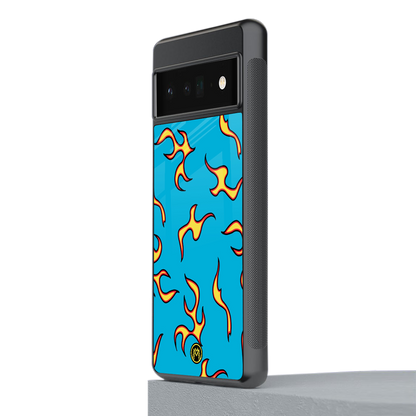 lil flames on blue back phone cover | glass case for google pixel 6 pro